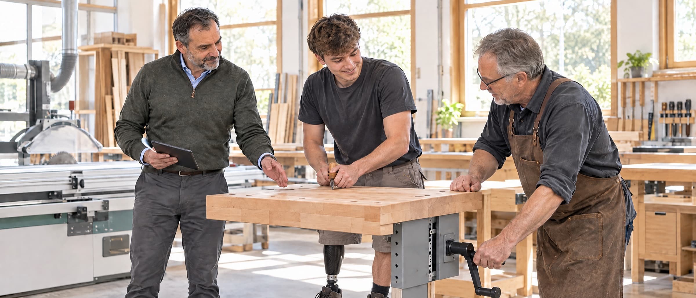 In einer Tischlerei probiert ein junger Tischler mit Beinprothese eine neu eingestellte Werkbank aus; der Tischlermeister kurbelt die Höhe nach, ein Case Manager mit Tablet bespricht die Anpassung.