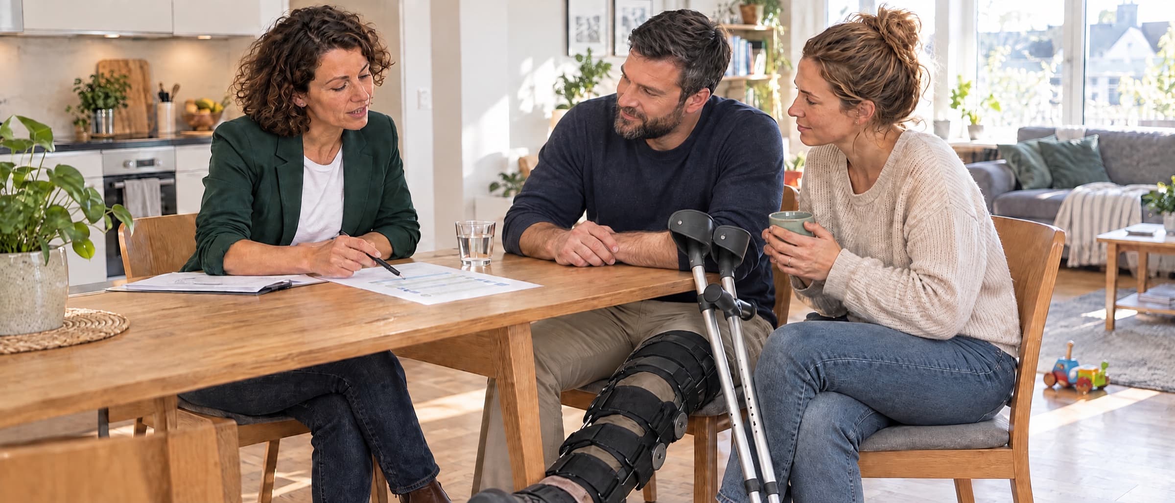 Eine Case Managerin erklärt am Esstisch einer hellen Wohnung einem Paar den Rehabilitationsplan; der Mann trägt eine Knieorthese, seine Unterarmstützen lehnen am Tisch.