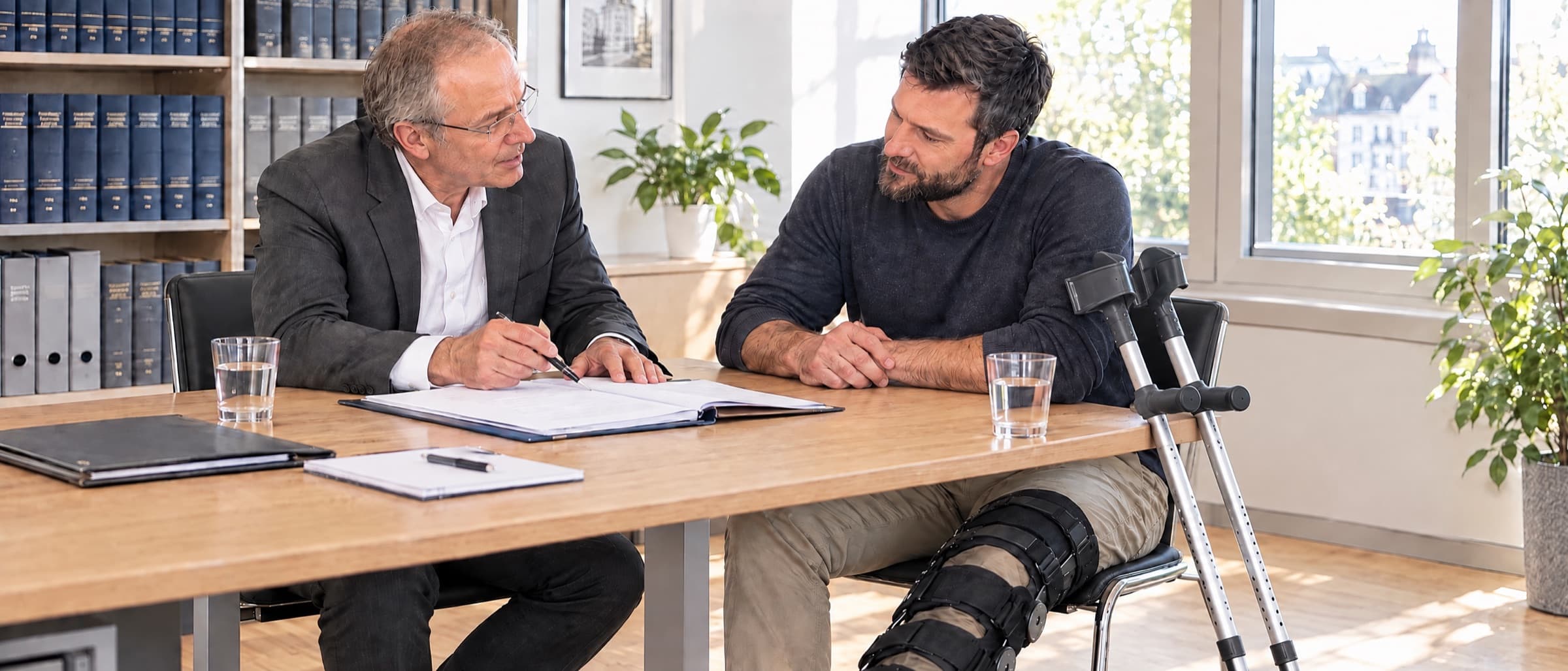 Ein Anwalt erklärt seinem Mandanten am Besprechungstisch einer Kanzlei ein Schriftstück; der Mandant trägt eine Knieorthese, seine Unterarmstützen lehnen am Tisch.