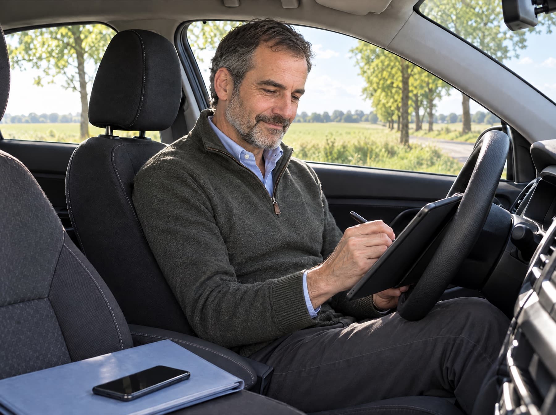 Ein Case Manager sitzt im geparkten Auto an einer Landstraße und schreibt eine Notiz auf dem Tablet.